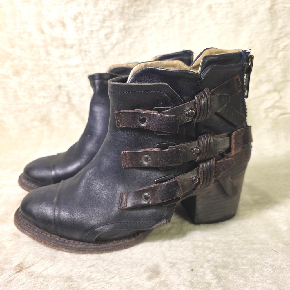 Freebird Circe Ankle Boots Black Leather Triple Buckle Womens 7 Excellent